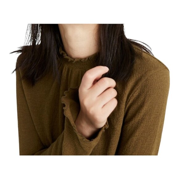 Madewell l/s Ruffled Mockneck Top Textured XXS in Asparagus Olive Green - Picture 2 of 14